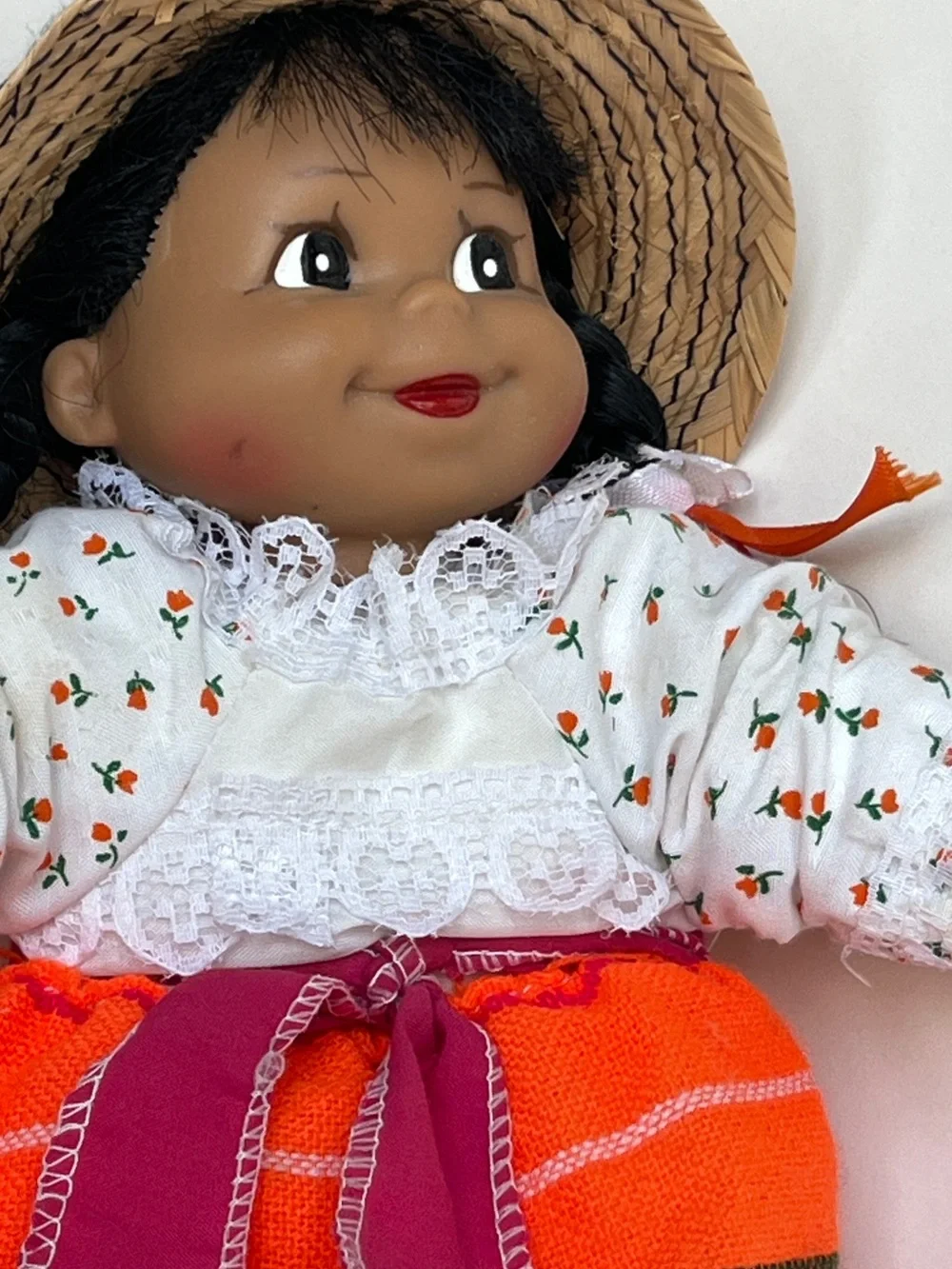 Colorful Peruvian Folk Girls Doll Orange-Striped Outfit with Straw Hat